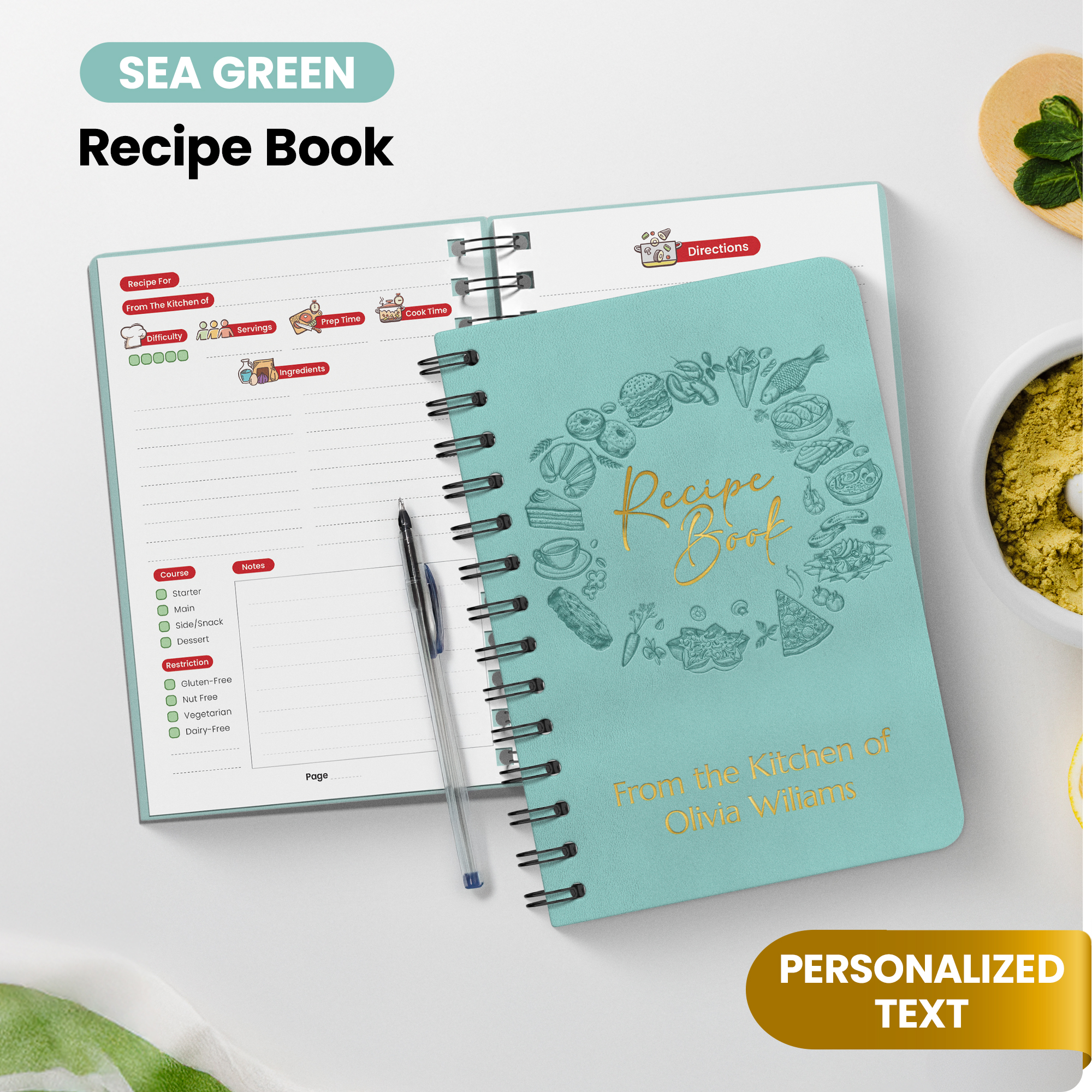 Custom Recipe Book - Sea Green